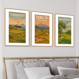 Vintage golf poster of Trump Turnberry, Tara Iti NZ,  and Valderrama Spain golf course  – golf course wall art