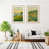 Two framed posters of South Cape and Nine Bridges in Korea on a wall above a white sofa with decorative plants.