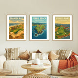 Three framed posters of golf courses in California on a wall above a sofa. Pebble Beach, Cypress Point and Spanish Bay golf courses.