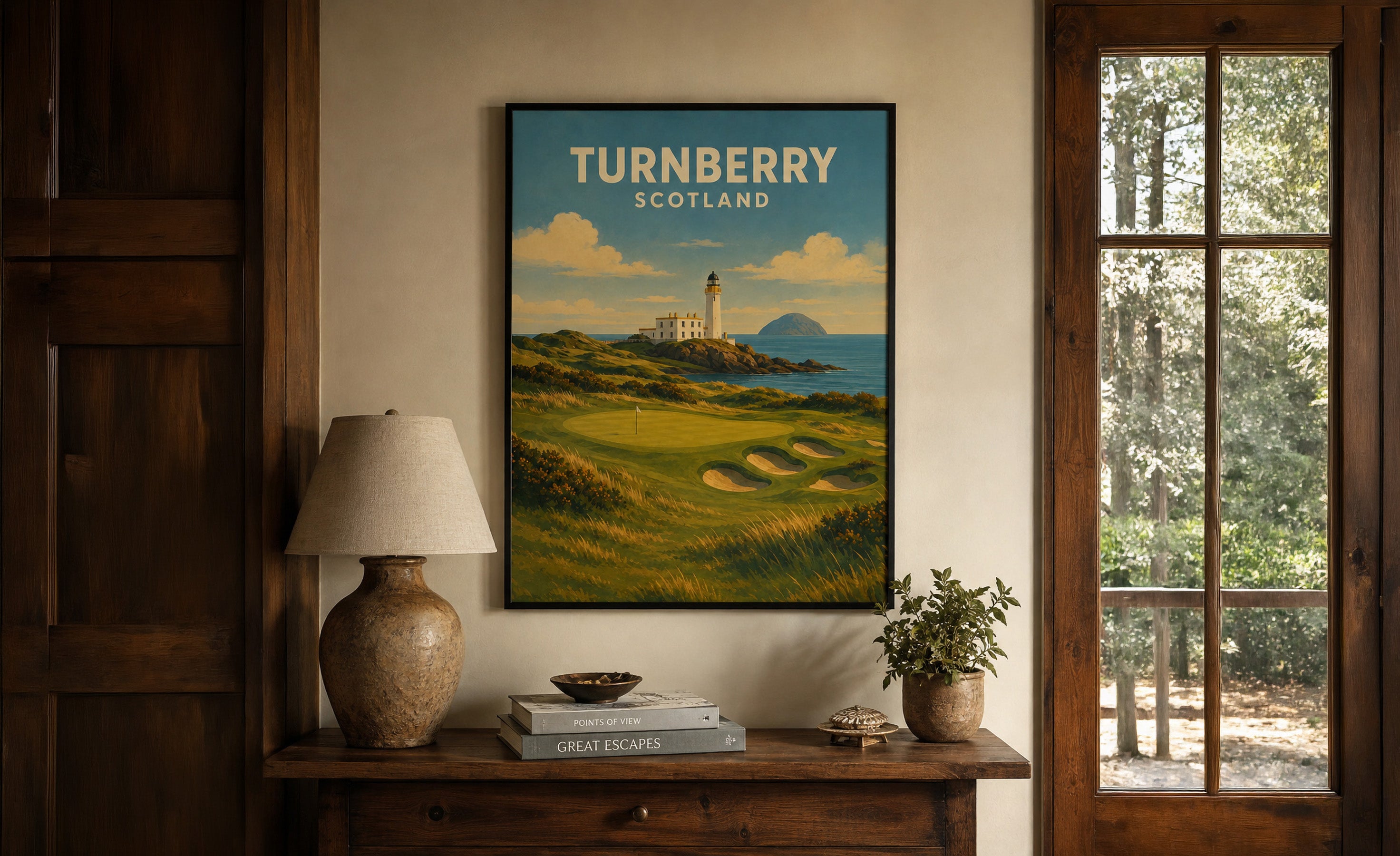 A framed vintage-style travel poster of Turnberry, Scotland, featuring a golf course and lighthouse, displayed on a beige wall above a wooden console table in a rustic room setting.