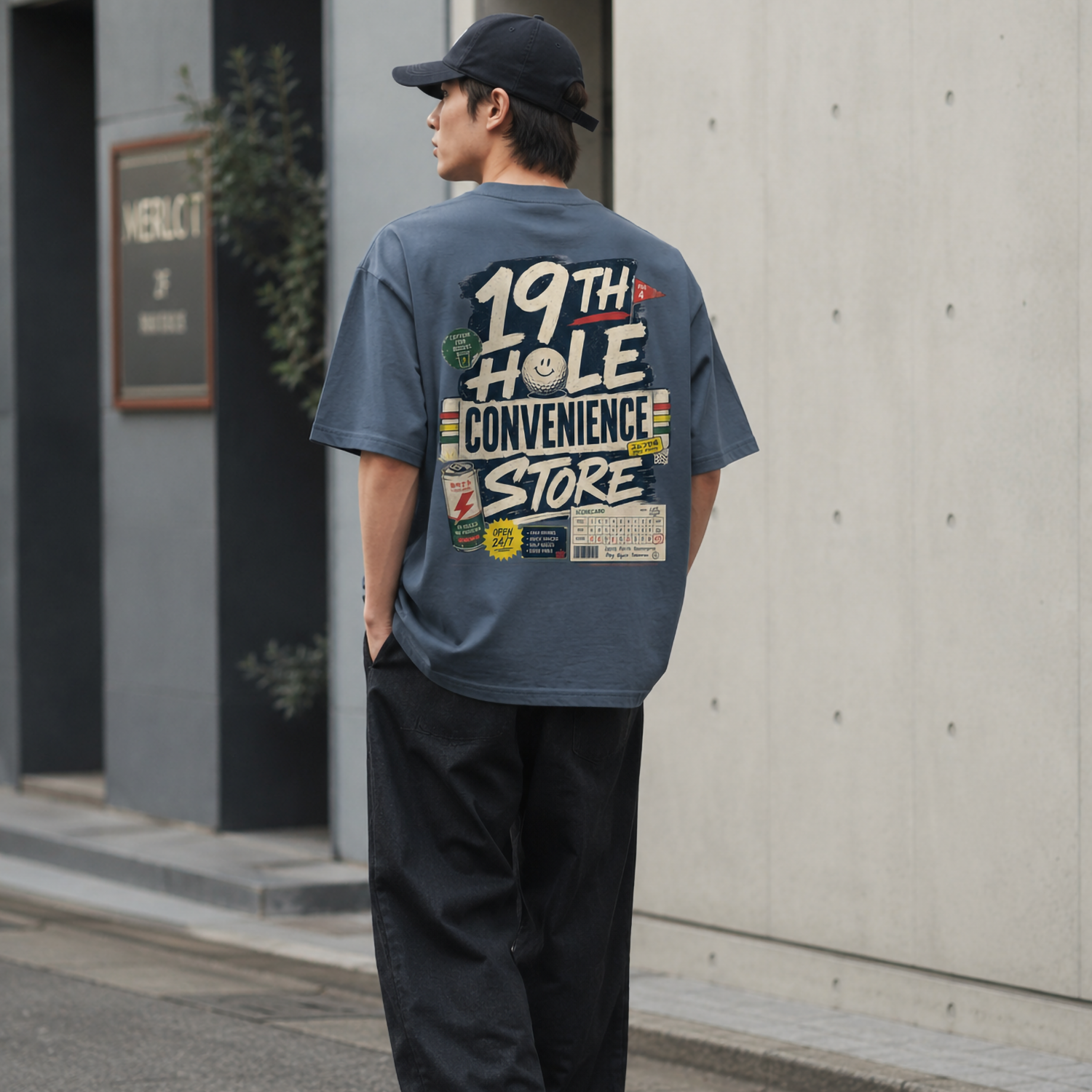 A man wearing a slate blue t-shirt with a large graphic print on the back, black pants, and a black cap, standing outdoors on a street corner.