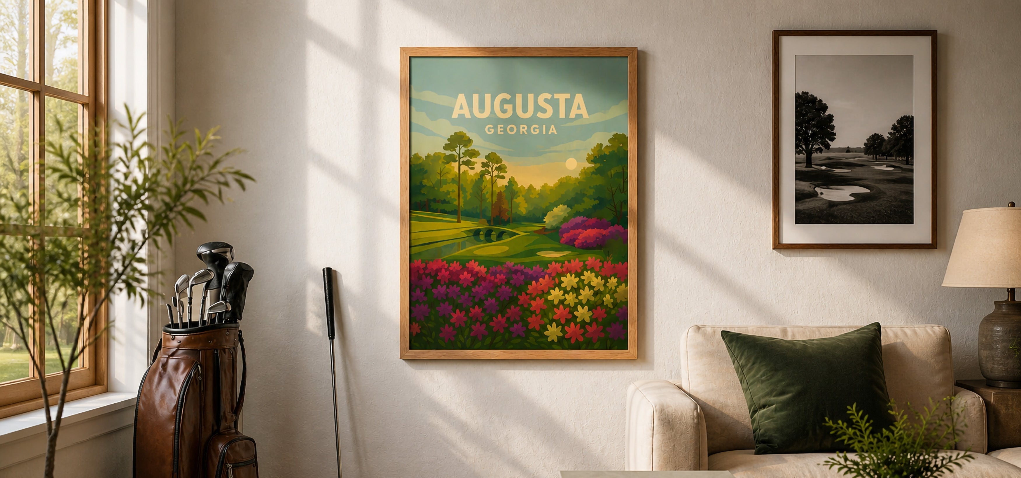 Living room with golf-themed decor, including a framed poster of Augusta, Georgia.