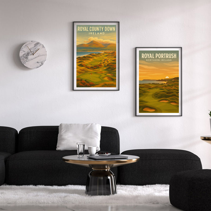 Two framed posters of Royal County Down and Royal Portrush displayed on a wall above a sofa.