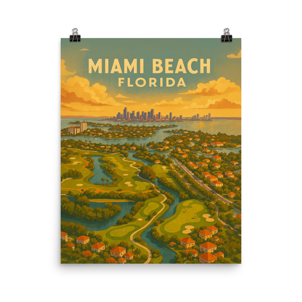 Miami Beach Florida Vintage Golf Course Print – Poster, Canvas, Golf Towel, Laptop Sleeve - Golfer Paradise