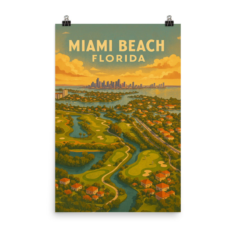 Miami Beach Florida Vintage Golf Course Print – Poster, Canvas, Golf Towel, Laptop Sleeve - Golfer Paradise